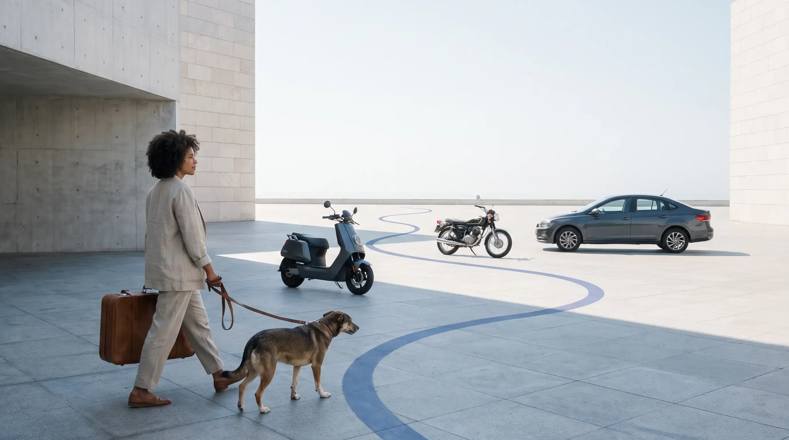 Mulher caminha com cão e mala por uma cidade clara; scooter, moto e carro em profundidades distintas; uma rota conduz ao horizonte.