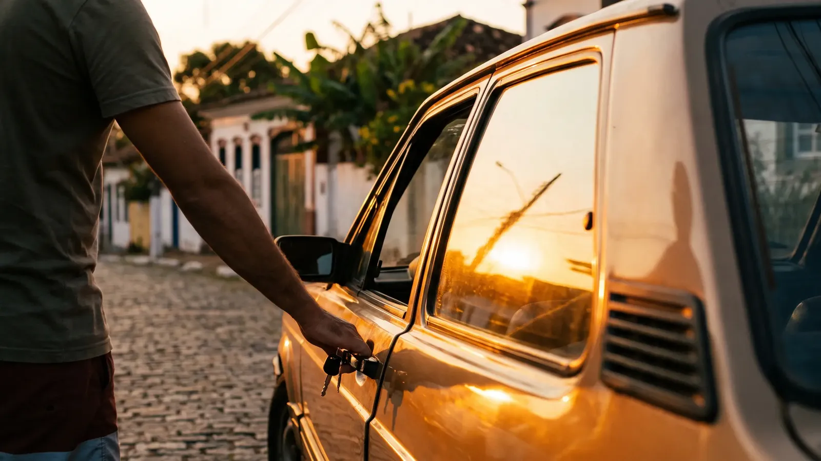 Mão segurando a chave do carro junto à maçaneta da porta, ao pôr do sol numa rua de paralelepípedos