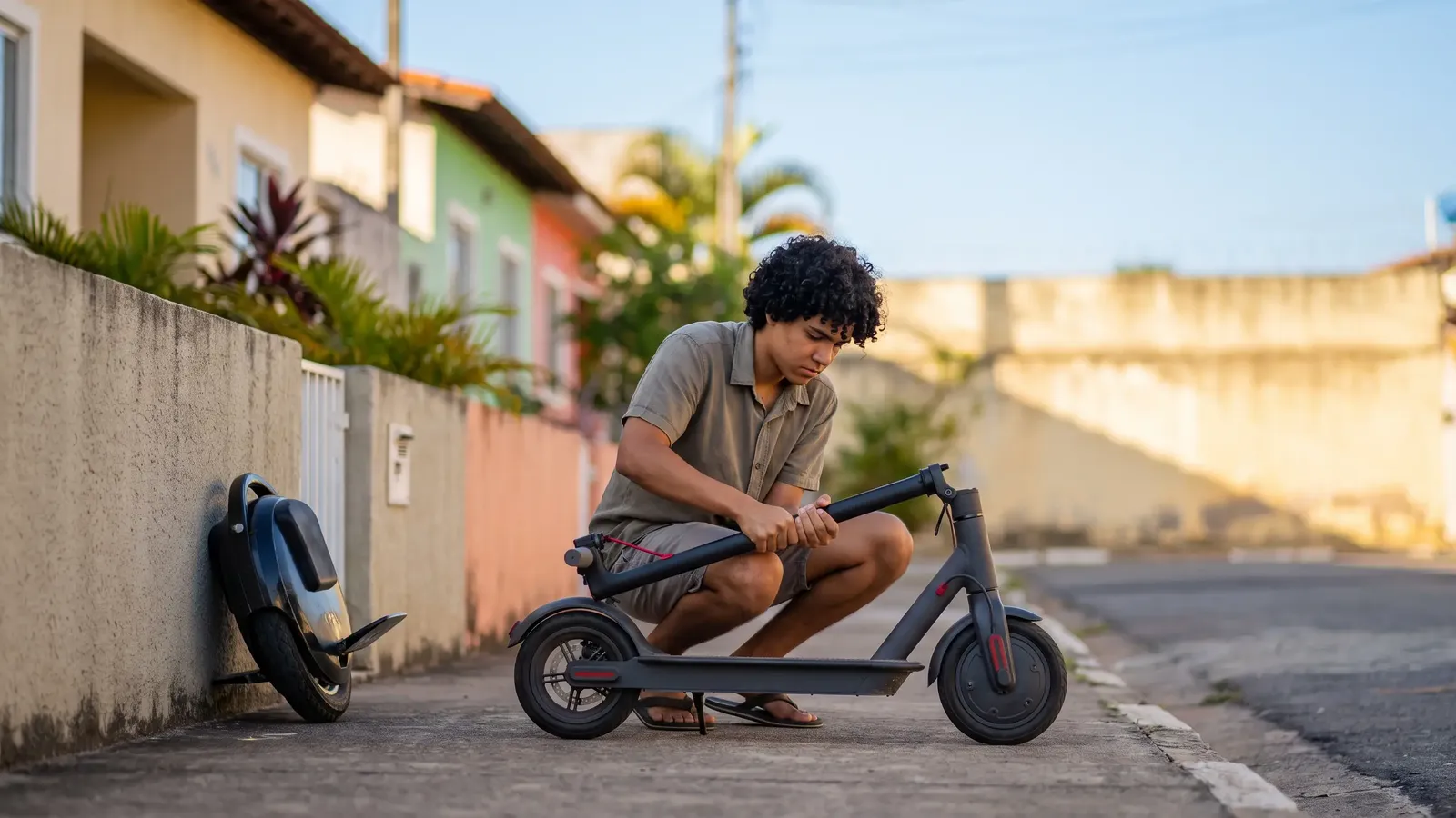 Jovem agachado numa calçada residencial dobra um patinete elétrico, com um monociclo autoequilibrado encostado no muro ao lado