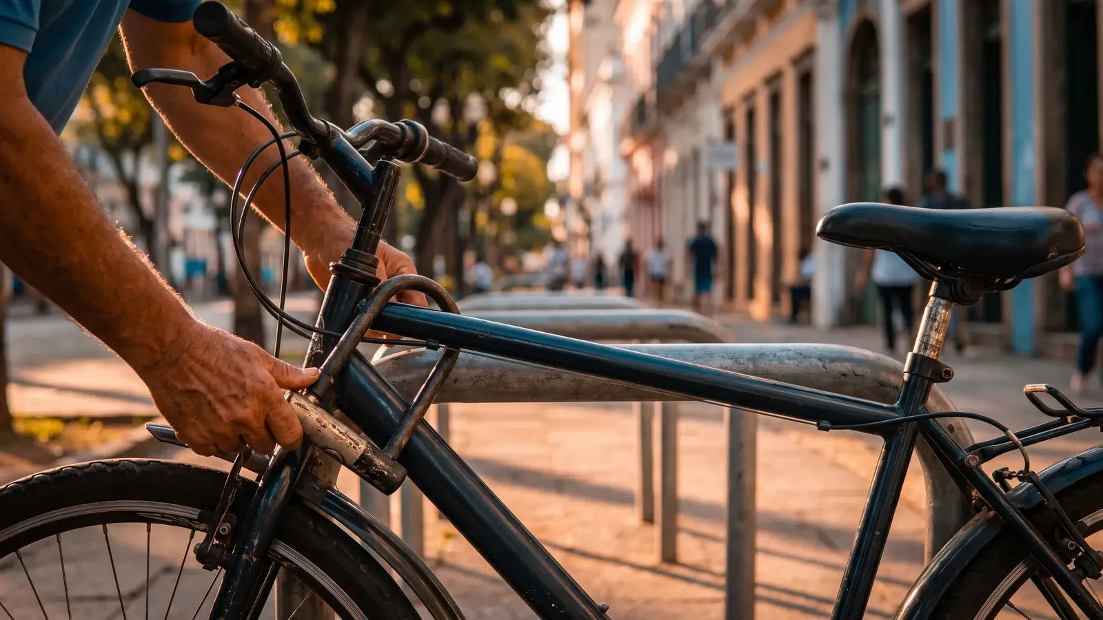 Close das mãos de uma pessoa prendendo o cadeado de uma bicicleta a um bicicletário na rua