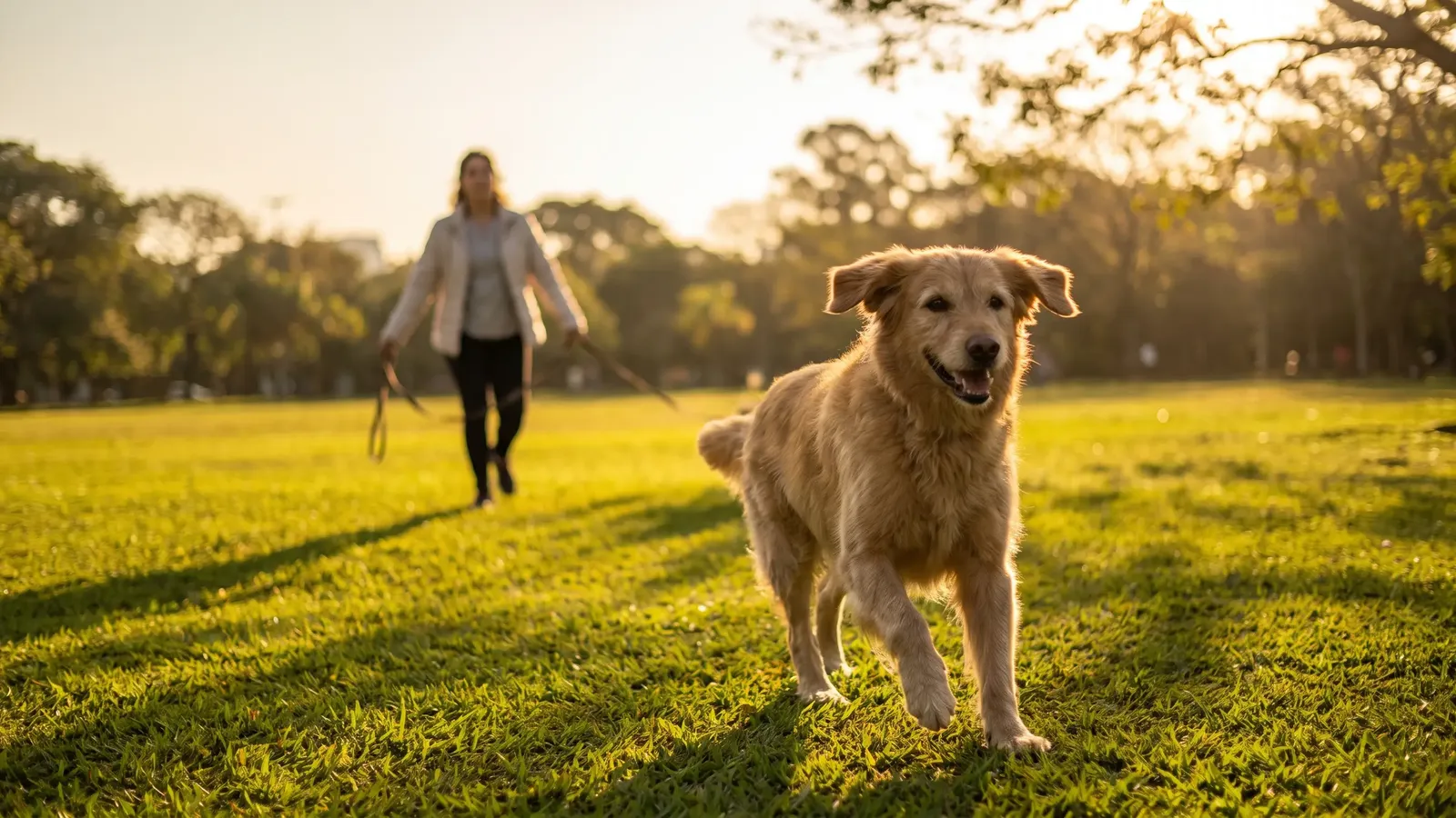 Golden retriever correndo por um gramado ao entardecer, com a tutora ao fundo segurando a guia