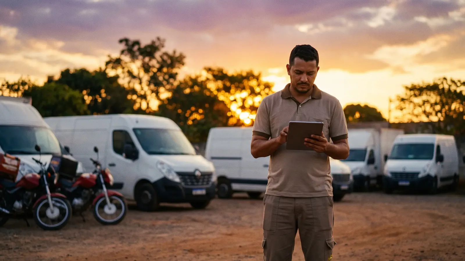 Homem consultando um tablet num pátio com vans e motos de entrega estacionadas ao entardecer