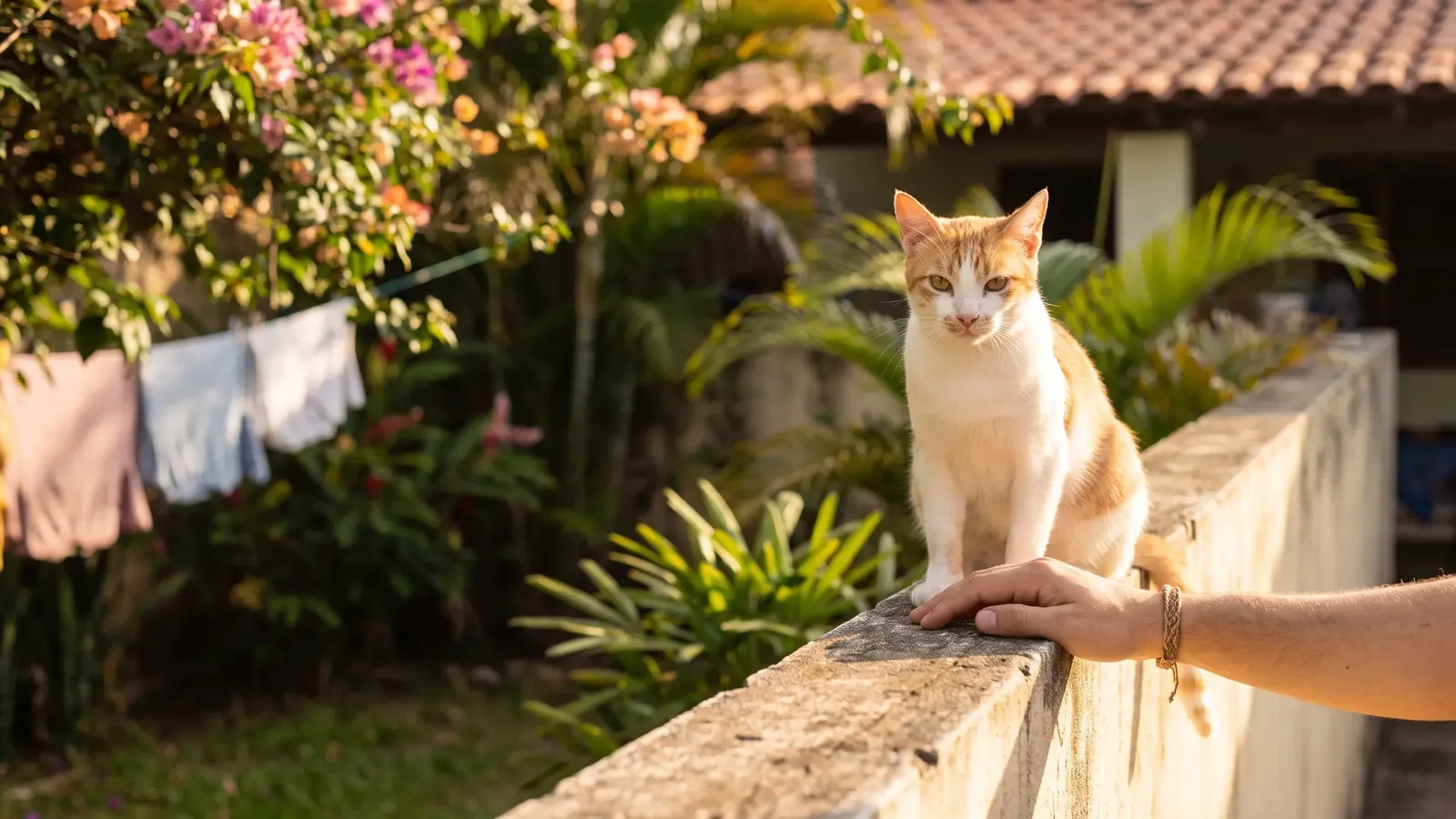 Gato malhado sentado sobre um muro em quintal florido, com uma mão tocando de leve sua pata