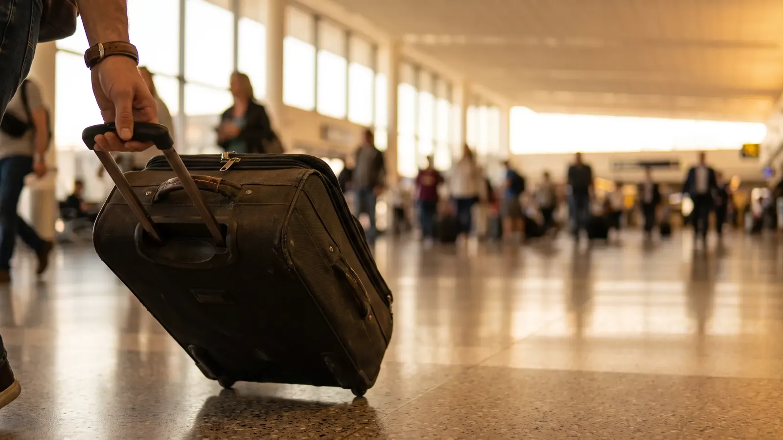 Mão puxando uma mala de viagem por um corredor de aeroporto, com pessoas desfocadas ao fundo