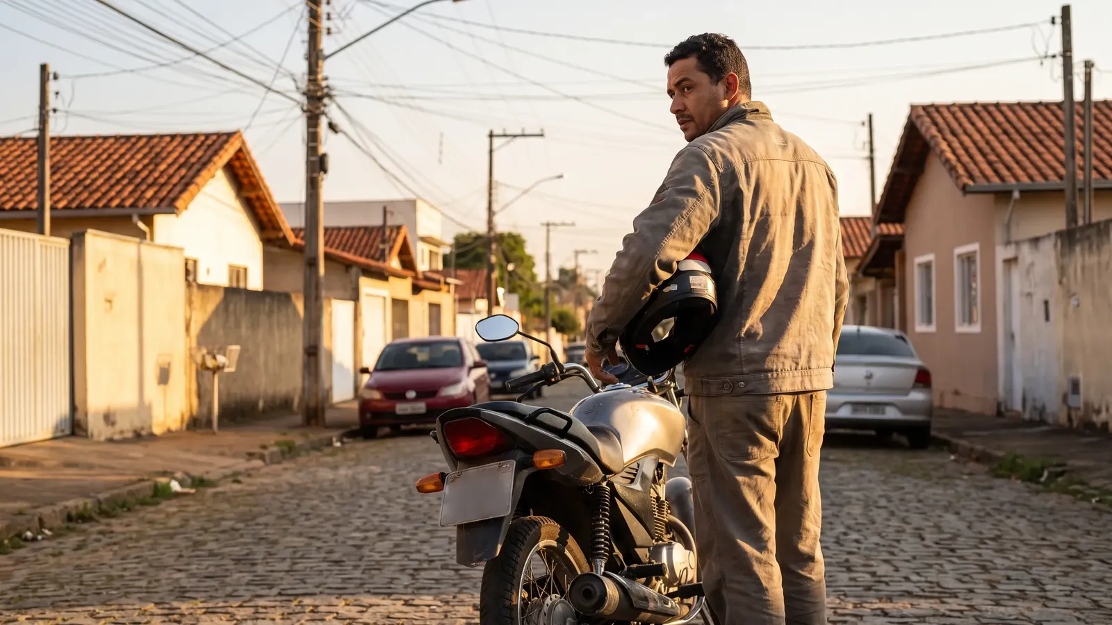 Motociclista de costas ao lado da moto estacionada numa rua residencial ao entardecer, capacete debaixo do braço