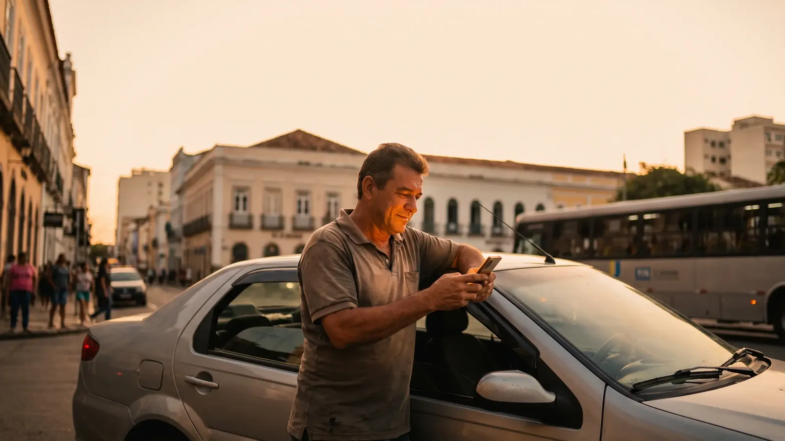 Motorista de aplicativo apoiado no carro consultando o celular numa rua histórica ao entardecer