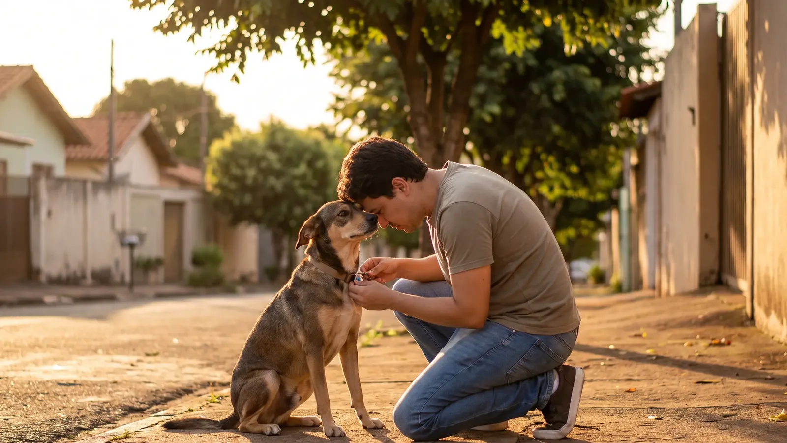 Pessoa agachada numa calçada residencial ajusta a coleira de um cachorro ao entardecer, testa encostada na cabeça dele