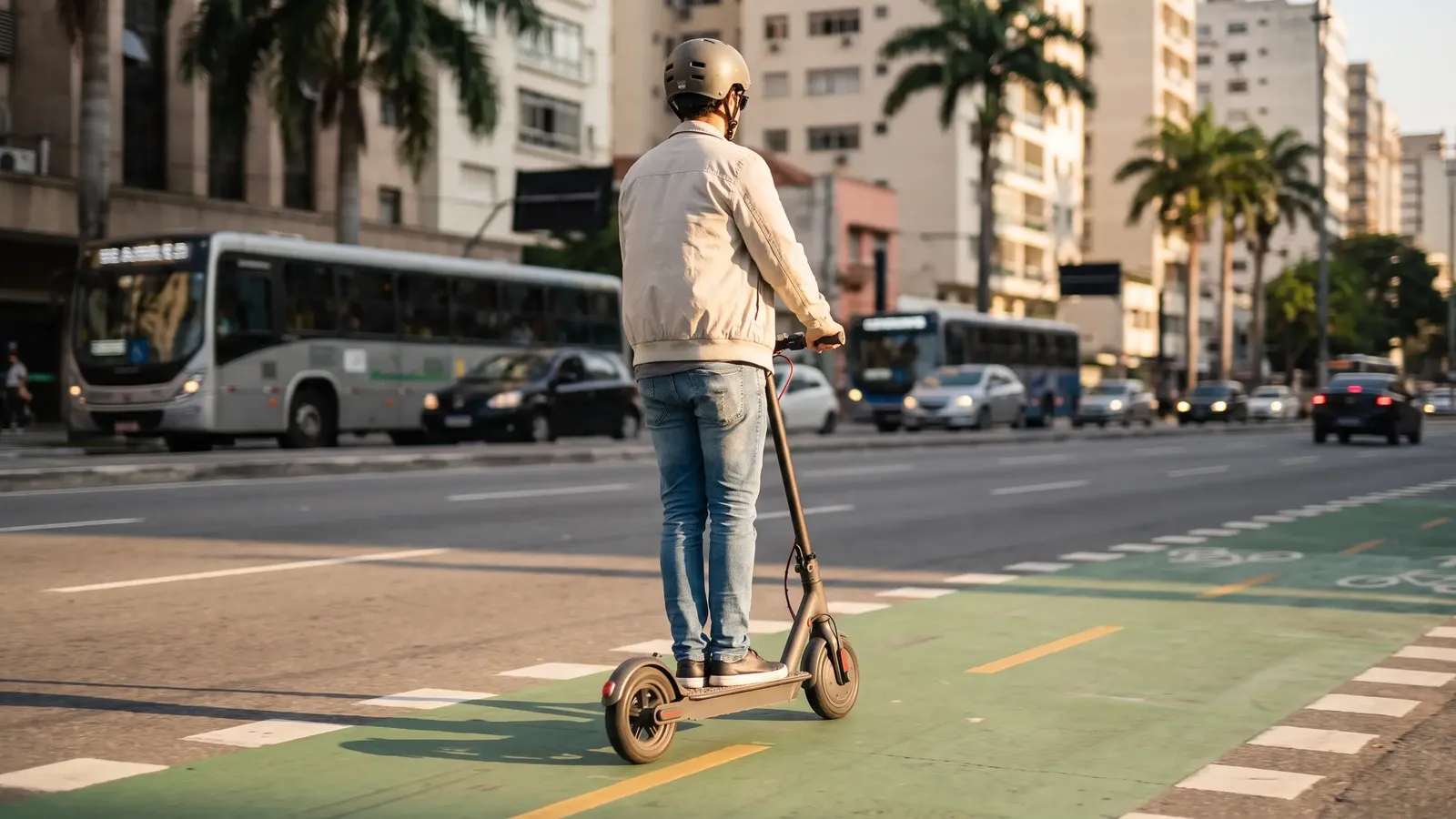 Pessoa de capacete andando de patinete elétrico numa faixa verde de micromobilidade, avenida brasileira ao entardecer, com ônibus e carros ao fundo