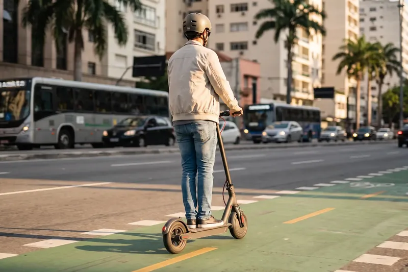 Pessoa de capacete andando de patinete elétrico numa faixa verde de micromobilidade, avenida brasileira ao entardecer, com ônibus e carros ao fundo
