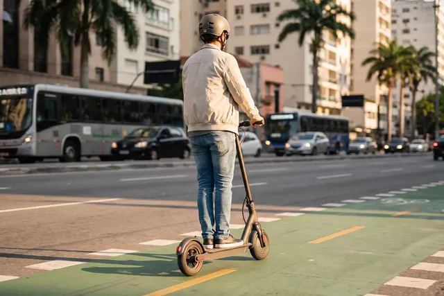 Pessoa de capacete andando de patinete elétrico numa faixa verde de micromobilidade, avenida brasileira ao entardecer, com ônibus e carros ao fundo