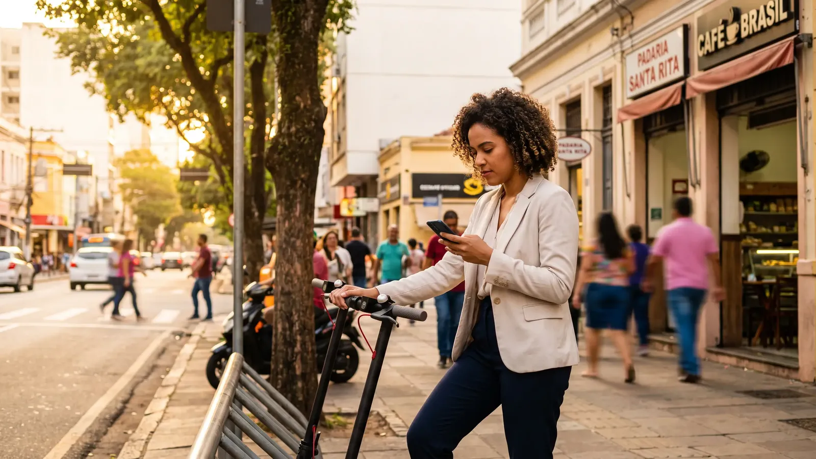 Mulher parada ao lado de uma scooter elétrica estacionada numa calçada movimentada, olhando o celular