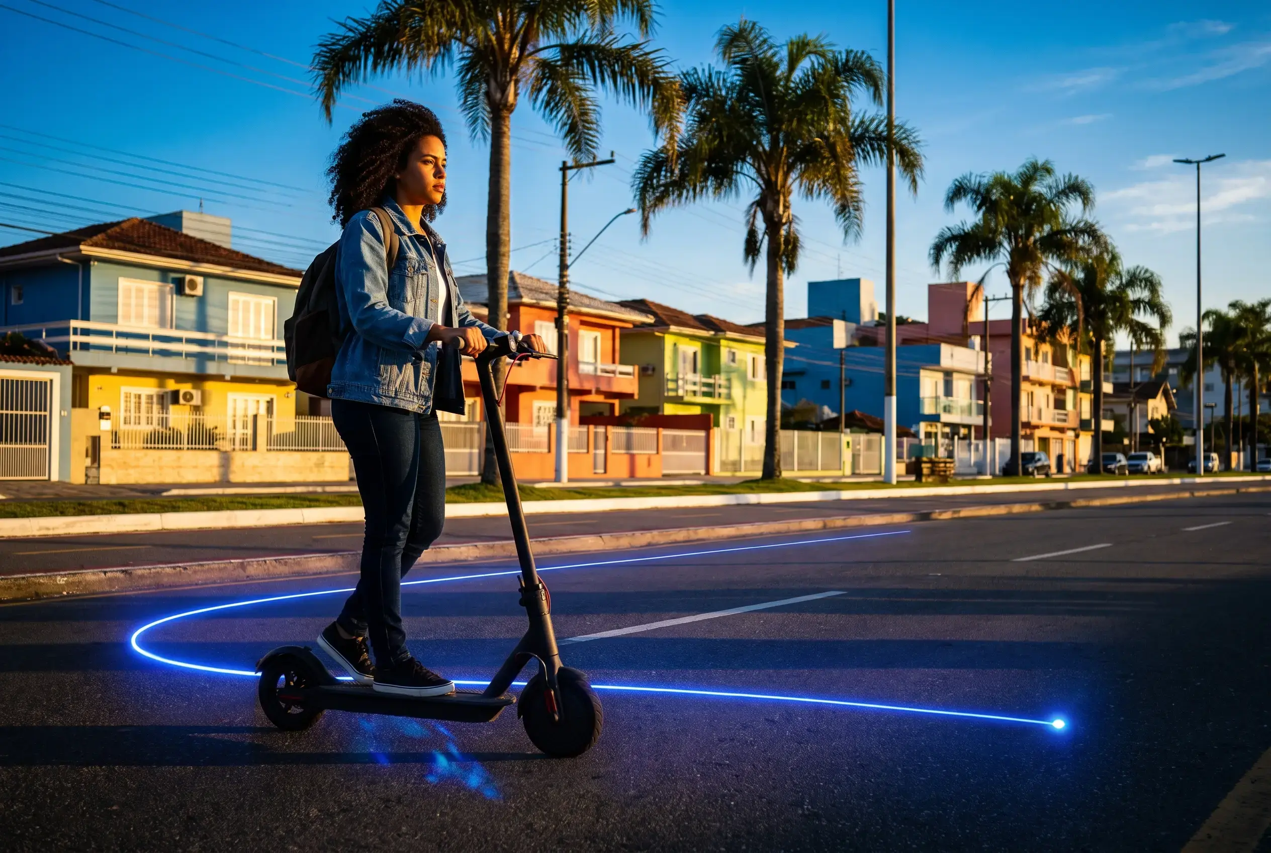 Mulher pilota a scooter elétrica numa avenida à beira-mar ao entardecer, com a rota azul traçada no asfalto atrás dela