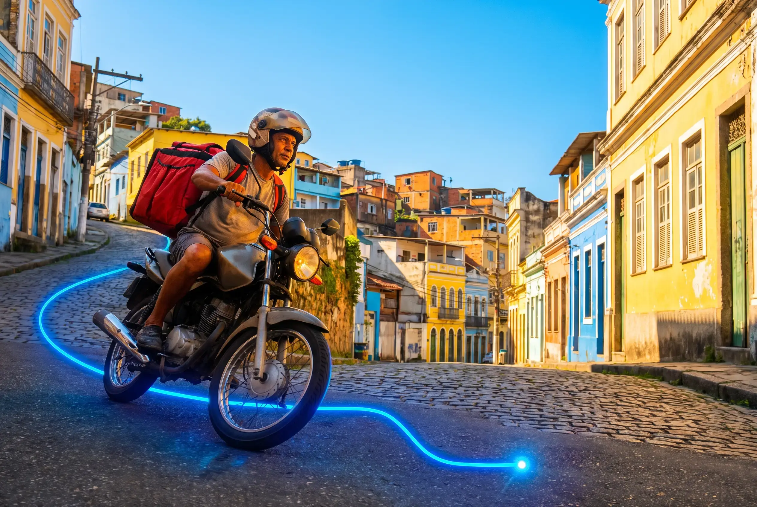 Entregador sobe uma ladeira de paralelepípedo na moto ao meio-dia, com a rota azul serpenteando atrás